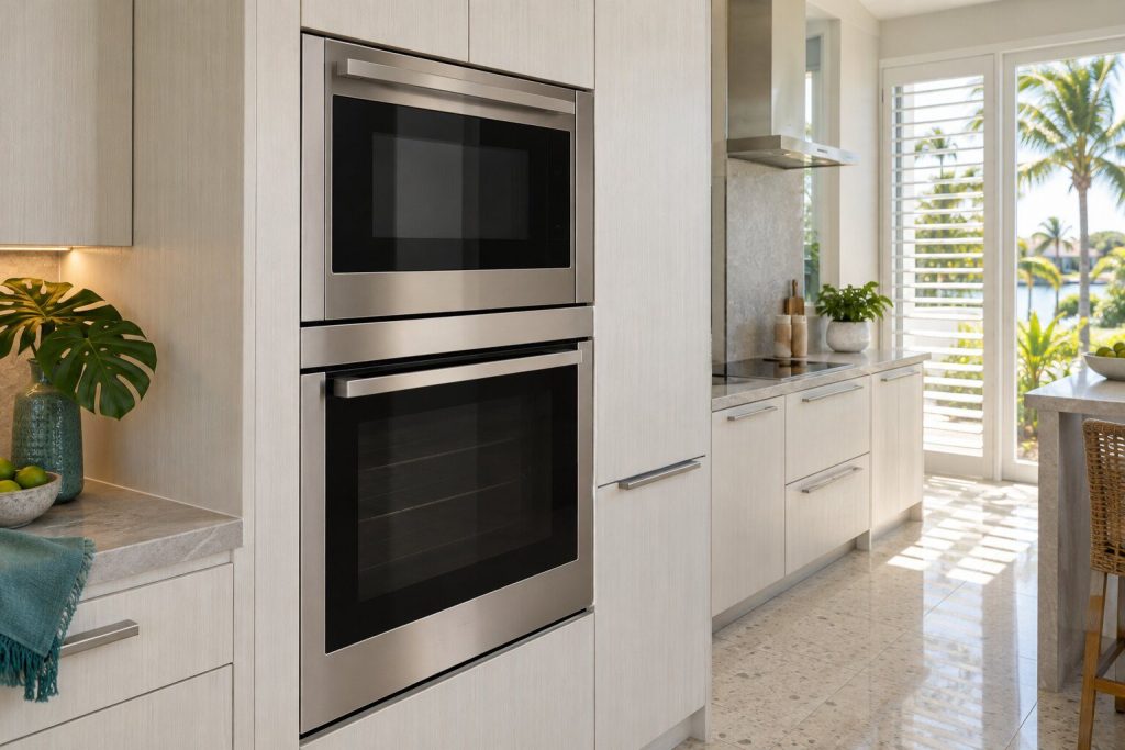 A built-in combination microwave oven set into a tall pale cabinet run above a wall oven, its door closed and the cavity dark behind the glass.