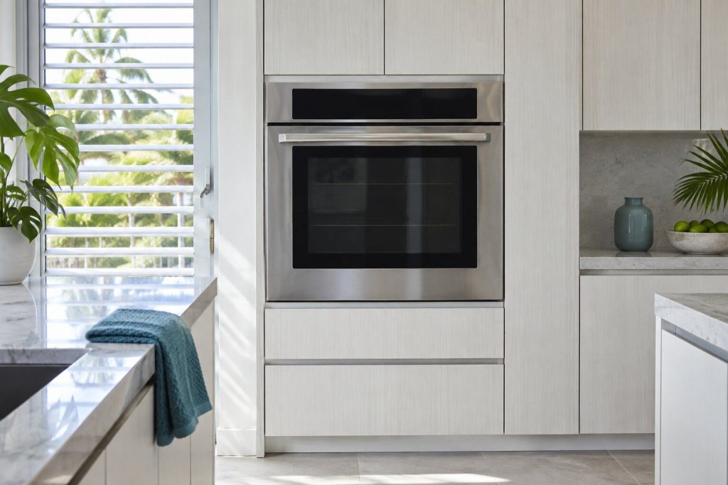 A built-in wall oven set into a tall pale cabinet run at chest height with its door closed and its stainless frame flush with the joinery.