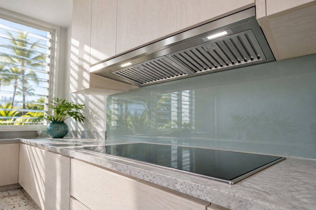 A concealed hood liner fitted into the underside of a wall cabinet above an empty cooking surface, its slim stainless front edge and two baffle filters visible from below.