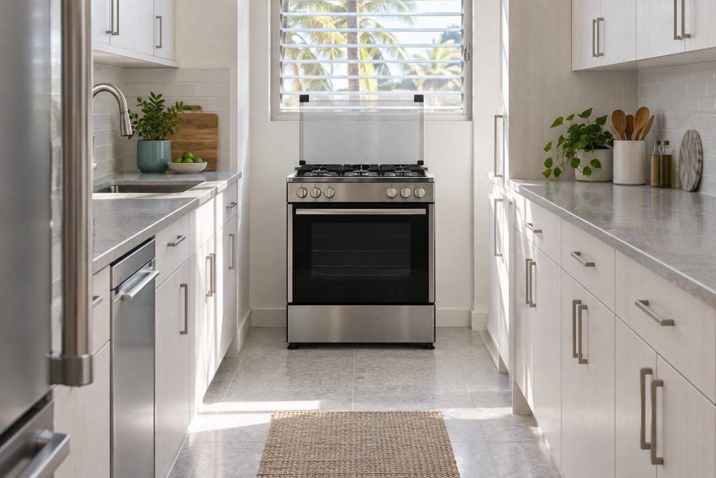 A freestanding range in a white galley kitchen with a glass lid folded up behind the cooking surface and the oven door closed.
