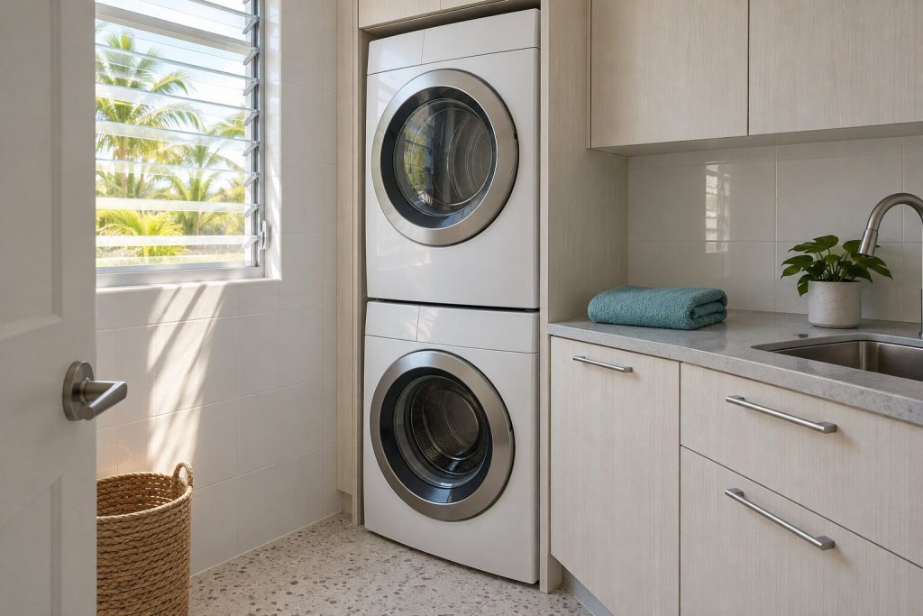 A front-load washer and dryer stacked in a narrow tiled utility room, both doors closed, a folded towel on the worktop beside them.