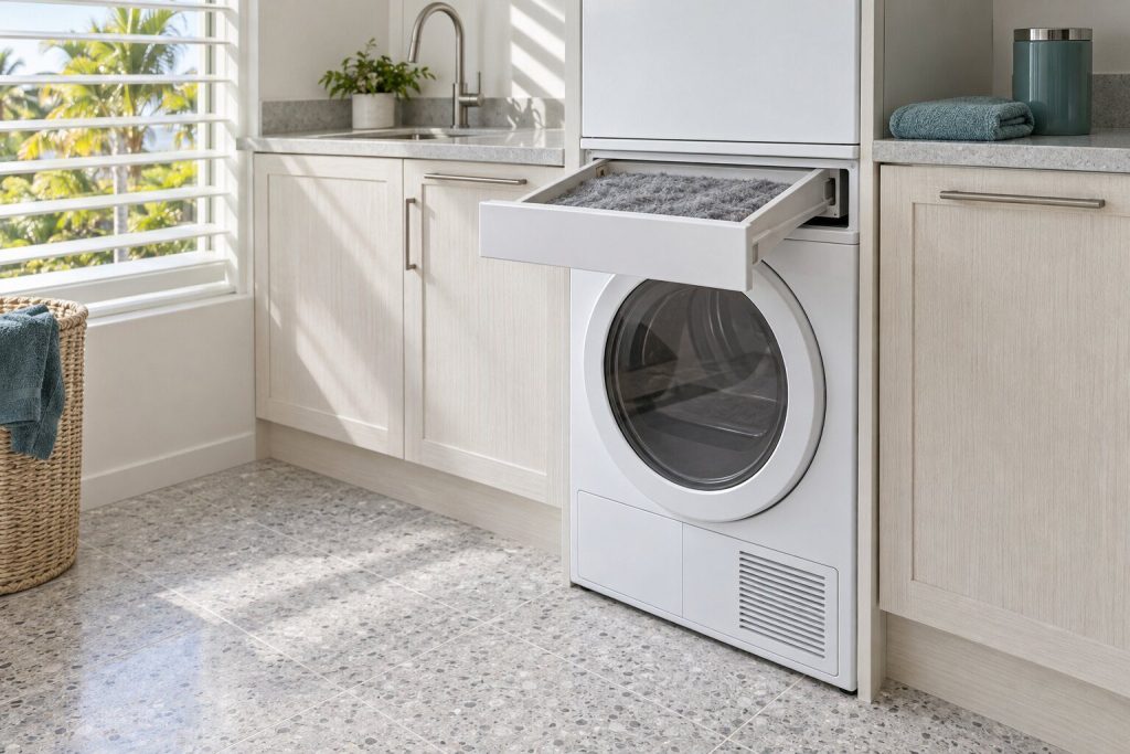 A heat-pump dryer standing in a white utility room with its lint drawer pulled out at the top and a gray felt mat of lint lying in it.