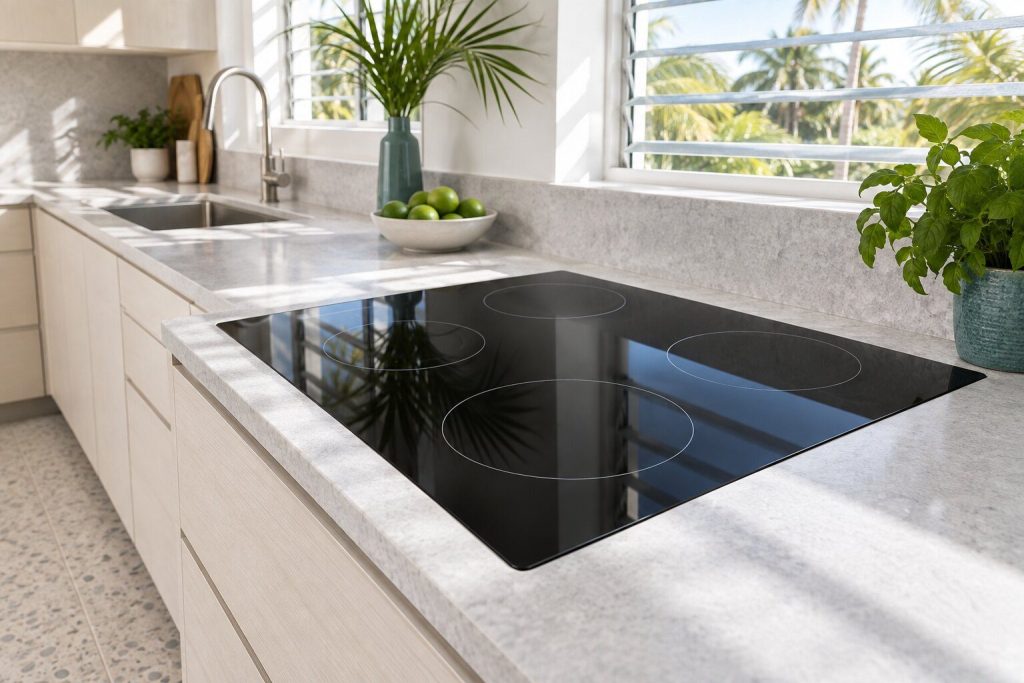 A frameless black glass induction cooktop set flush into a light gray stone counter, four zones printed on the surface and nothing standing on it.