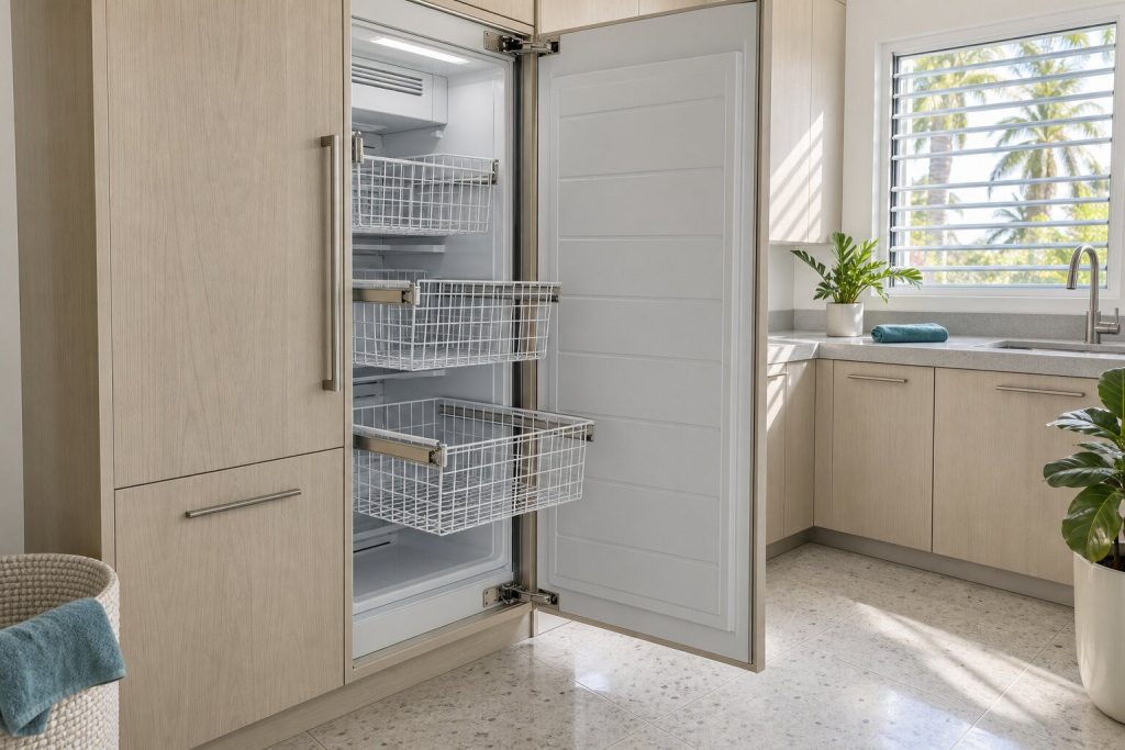 An integrated freezer column standing open in a utility run with three wire baskets drawn out on their runners, no frost anywhere on the liner.