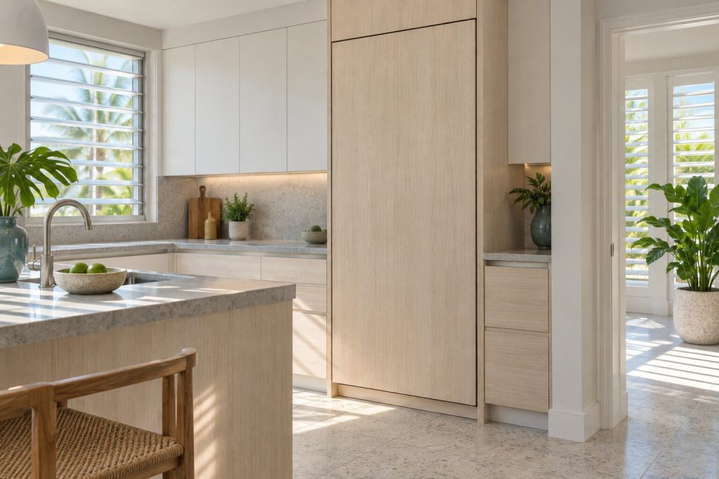 A tall integrated refrigerator column faced with a pale oak cabinet panel so it reads as joinery, standing in a fitted run with the door closed, the thin shadow gap the only sign of it.