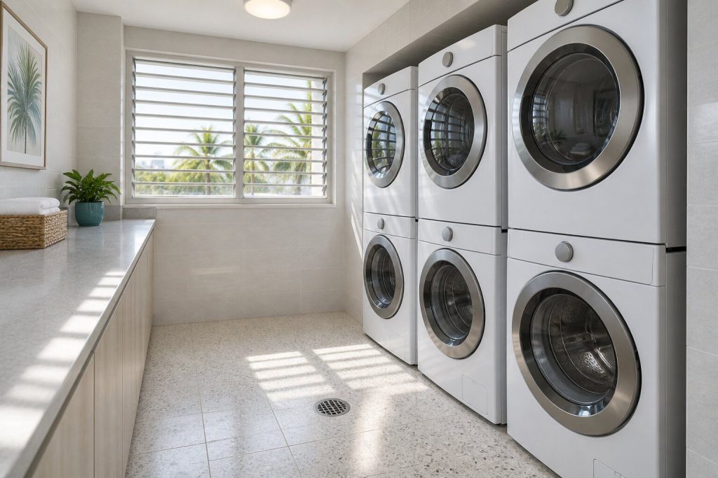 A condominium laundry room with three stacked washer and dryer pairs along a tiled wall, a folding counter opposite and a floor drain in the middle of the floor.