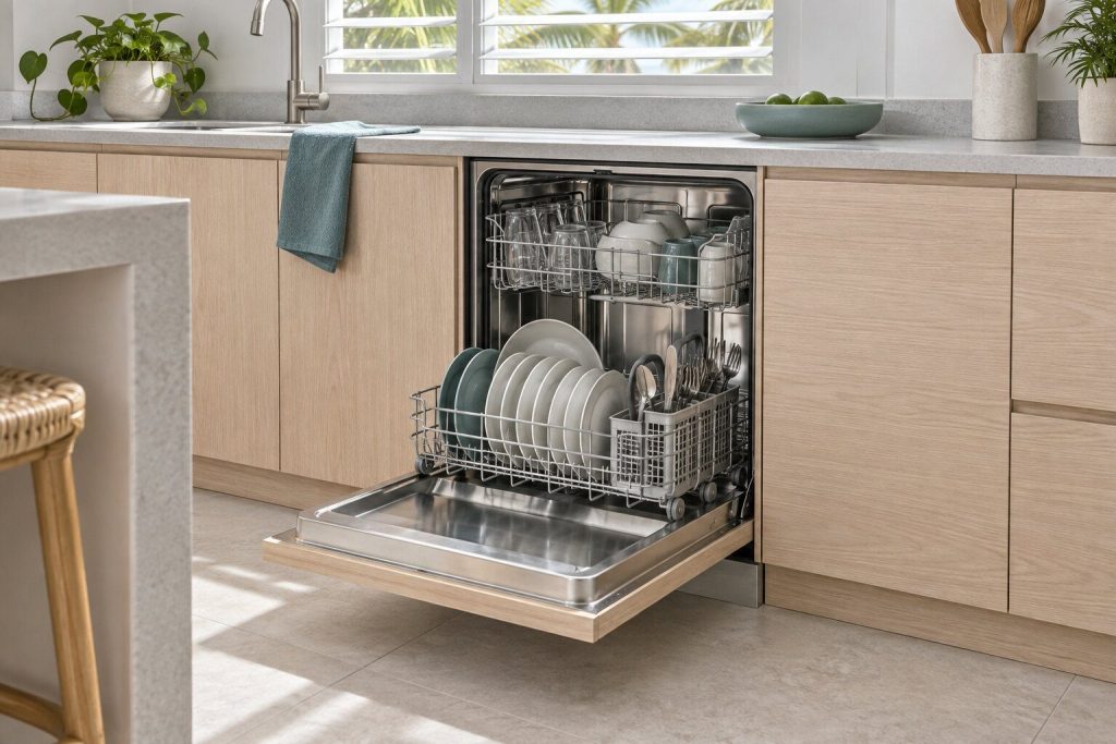 A panel-ready dishwasher standing open at the end of a program in a run of pale oak cabinetry, its stainless tub and two loaded baskets showing, the cabinet front matching the doors either side.