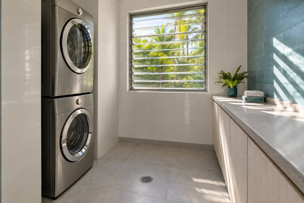 One stacked washer and dryer pair against the tiled wall of a condominium amenity laundry room, a folding counter opposite and a floor drain between them.
