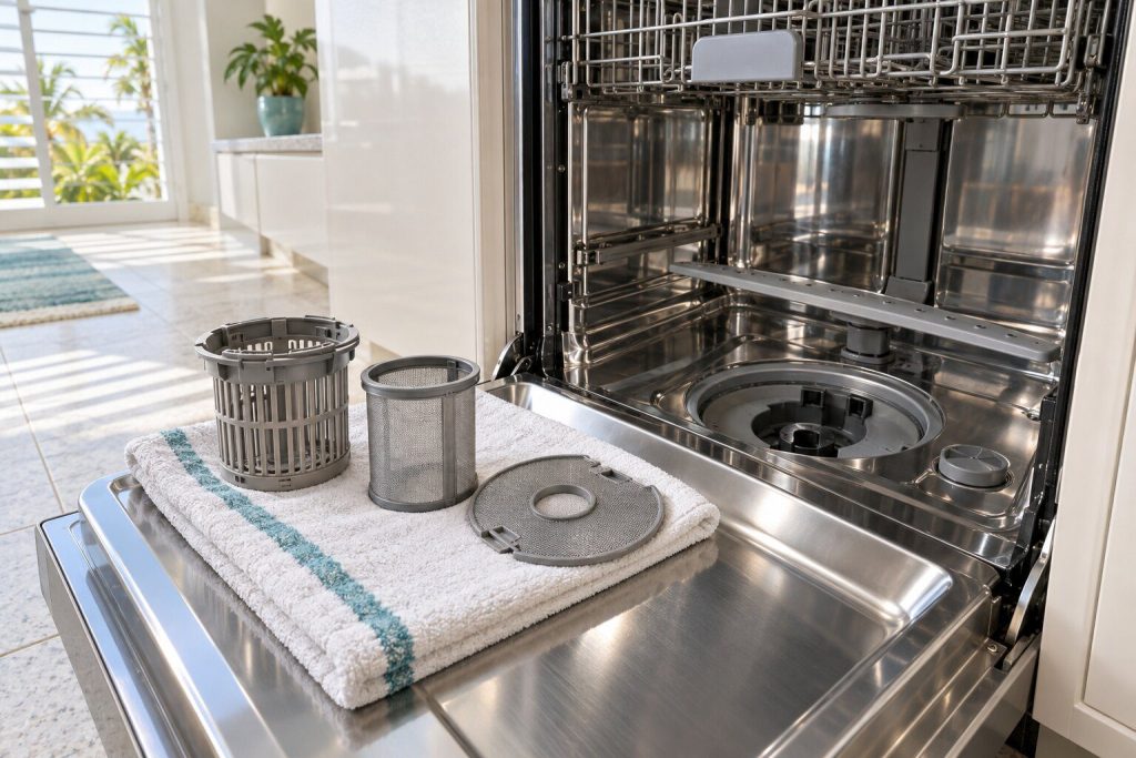 The three parts of a dishwasher filter stack lifted out and standing separately on a folded towel beside the empty sump well in the tub.
