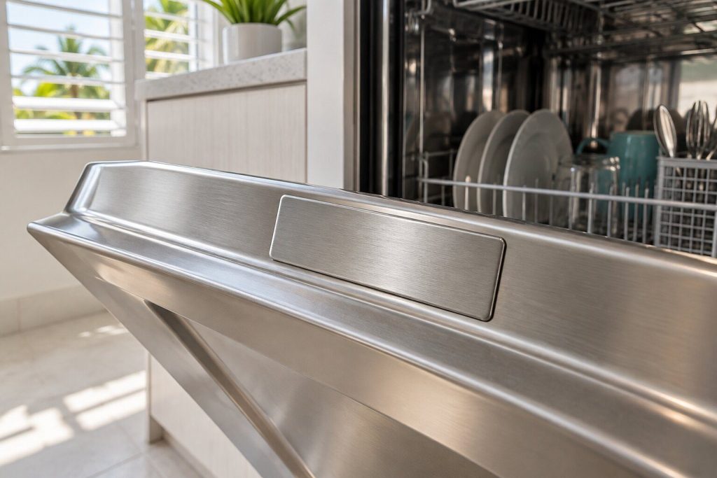 A small blank metal plate on the inner edge of an open dishwasher door, photographed close at an angle with the tub behind it out of focus.