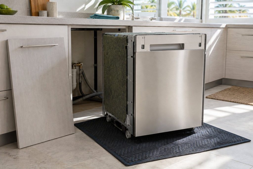 A dishwasher drawn forward out of its cabinet opening onto a protective mat with its cabinet panel off and leaning against the joinery beside it.