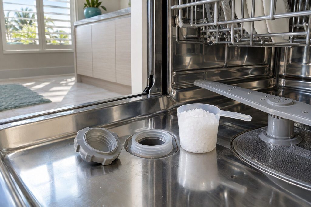 The softener cap unscrewed in the floor of a dishwasher tub with a scoop of dishwasher salt standing beside the open port.