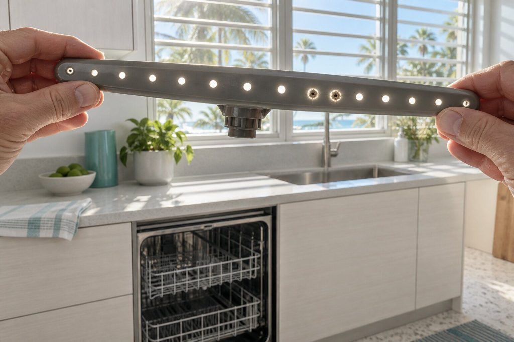 A dishwasher spray arm unclipped and held up against a bright window with the row of jets along it lit from behind, two of them blocked.