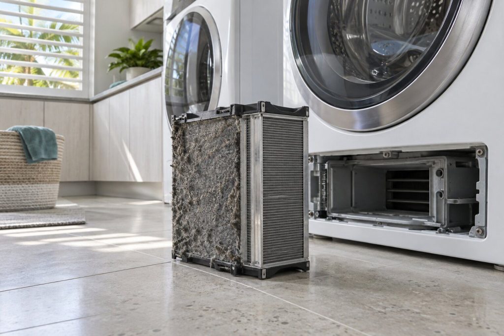 A heat-pump dryer condenser block standing on the tiled floor beside the open plinth bay, its fins clogged gray on one face and clean on the other.