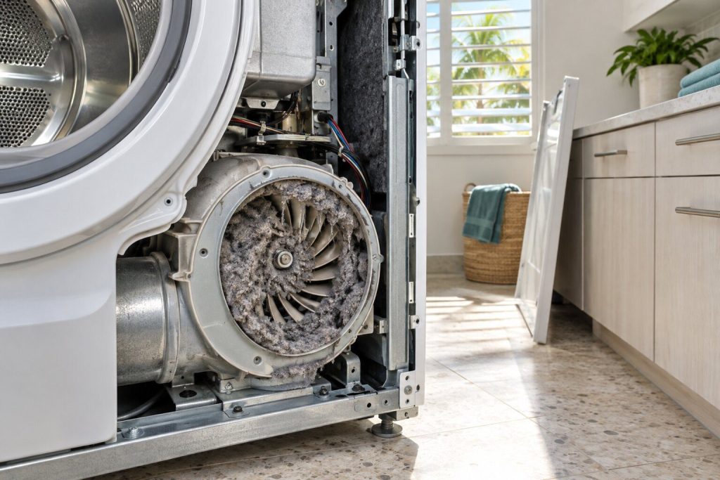 A dryer fan housing opened inside the cabinet to show a gray felt of lint packed around the impeller, the cabinet side panel off.