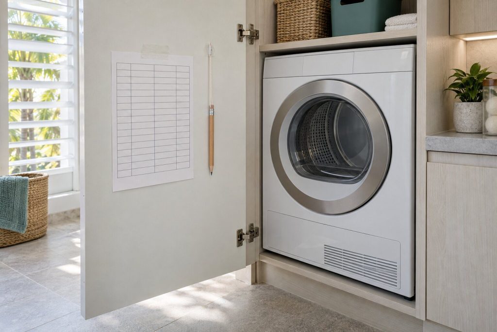 A blank ruled service card taped to the inside of a laundry closet door, its grid of empty rows plain, a pencil hanging on a string beside it and a dryer in the closet.