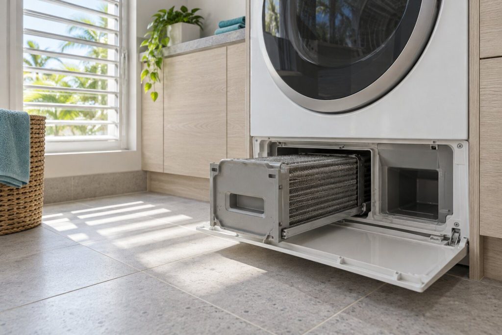 The plinth flap at the foot of a heat-pump dryer folded down and the condenser block drawn half out of its bay onto the tiles.