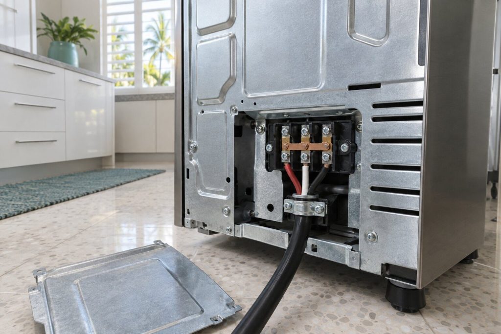 The terminal block behind the lower back panel of a freestanding range with its cover off, the link bars across the terminals and the supply cable clamped in.