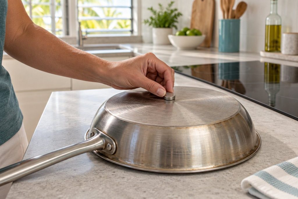A small magnet held against the base of a pan turned upside down on a light stone counter, an induction top out of focus behind.