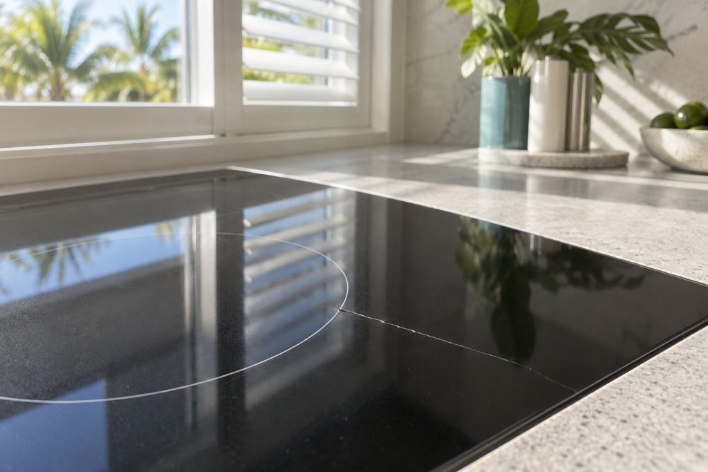 A hairline crack running out from the edge of one zone across a black glass induction top, raking light across the surface picking it out.