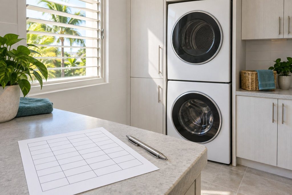 A blank ruled log sheet and a pen on the worktop of a tiled laundry closet, a stacked washer and dryer pair beyond it.