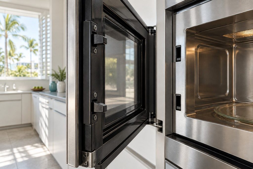 The latch hooks and hinge at the edge of an open built-in microwave door with the frame catches visible in the cavity opposite.