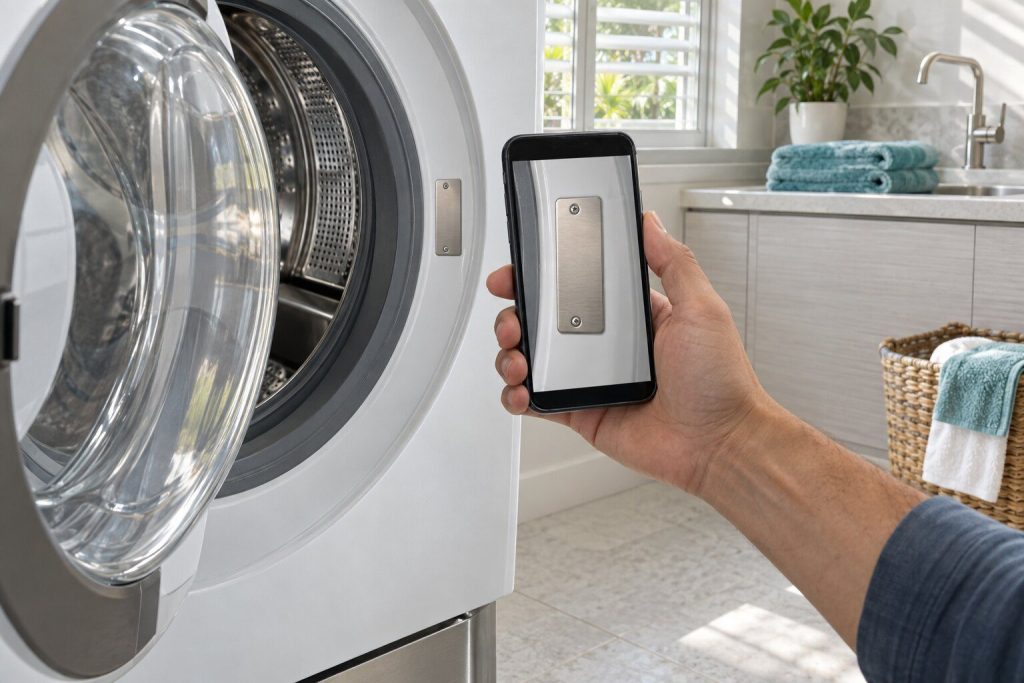 A phone held up in one hand photographing a small blank metal plate on the frame inside an open machine door, the same plate filling the phone screen.