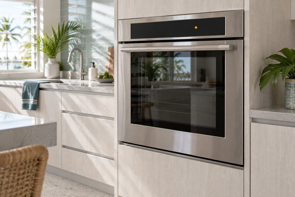 An oven control strip with one small amber indicator lamp lit on it, the door closed and the bright kitchen reflected in the glass.