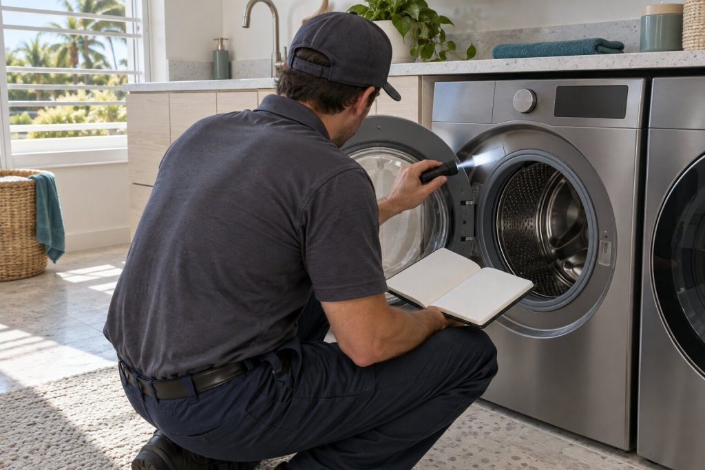 A technician crouched at an open machine door with a flashlight beam on the small metal plate inside the door frame and an open notebook resting on one knee.