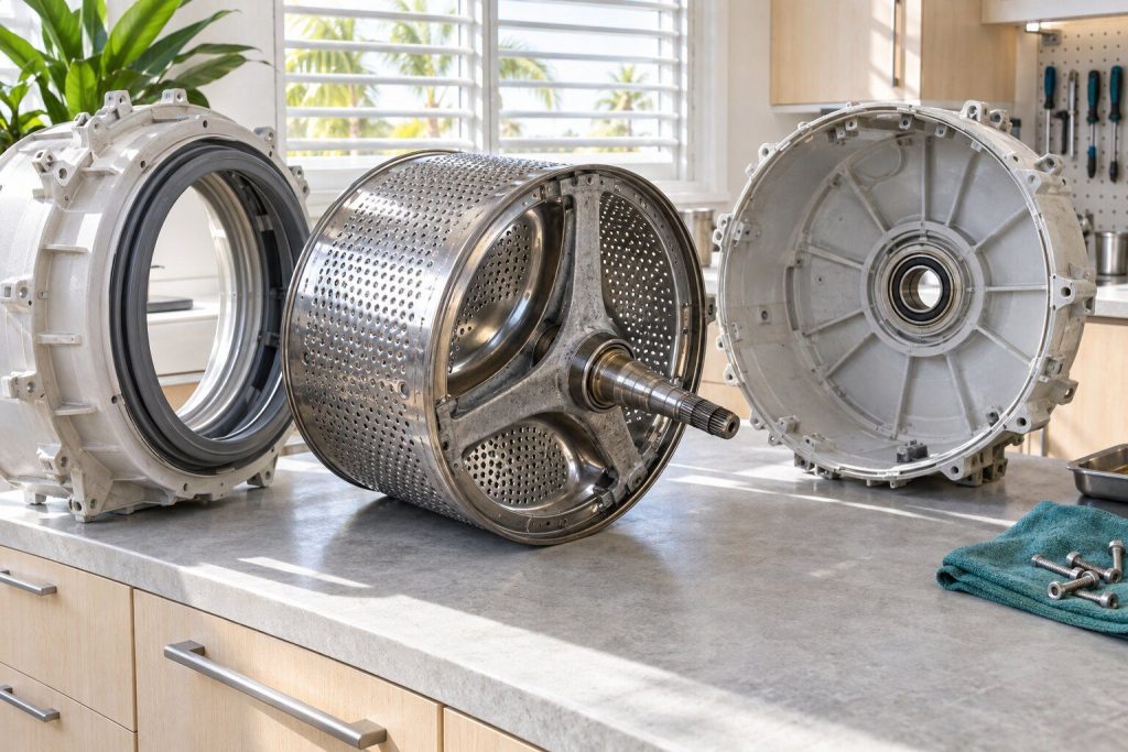 A washer drum and its shaft lying on a workshop bench between the two split halves of the outer tub, the bearing race visible in the rear half.