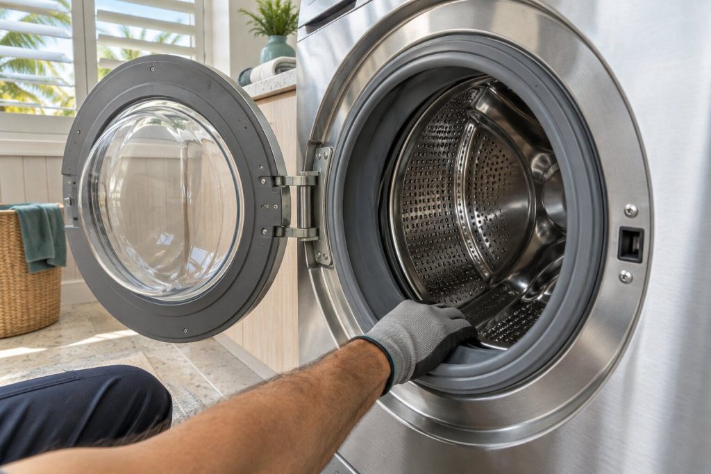 A gloved hand pushing down on the inside edge of a washer drum through the open door to test it for play, the bellows visible around the opening.