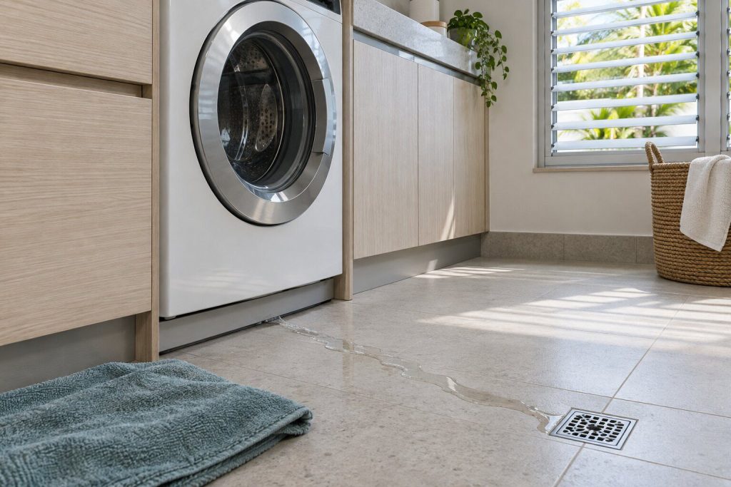A thin line of water tracking out from under the plinth of a washer across pale tile toward a floor drain, a towel laid at the edge of it.