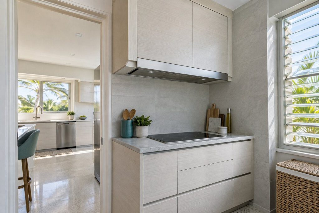 A built-in hood standing in a narrow tiled utility room off a bright kitchen in a South Florida home, doors closed.
