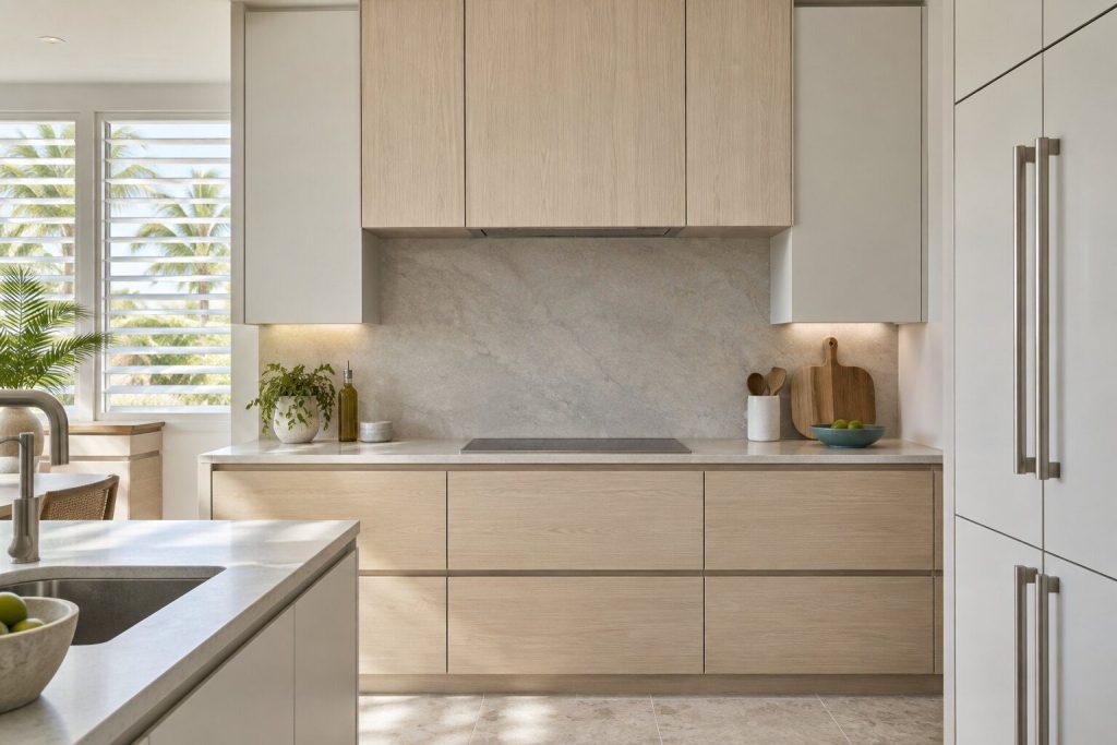 A built-in hood standing in a pale oak fitted run in a bright kitchen in a South Florida home, doors closed.