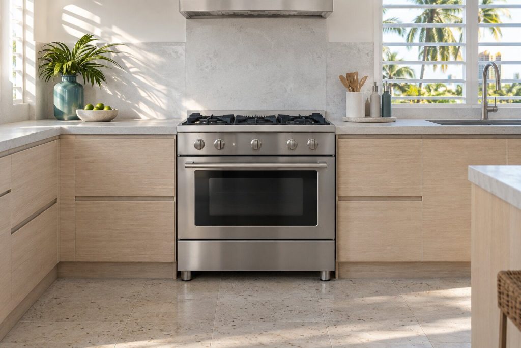A freestanding cooker standing in a pale oak fitted run in a bright kitchen in a South Florida home, doors closed.