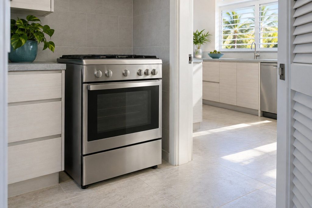 A freestanding cooker standing in a narrow tiled utility room off a bright kitchen in a South Florida home, doors closed.