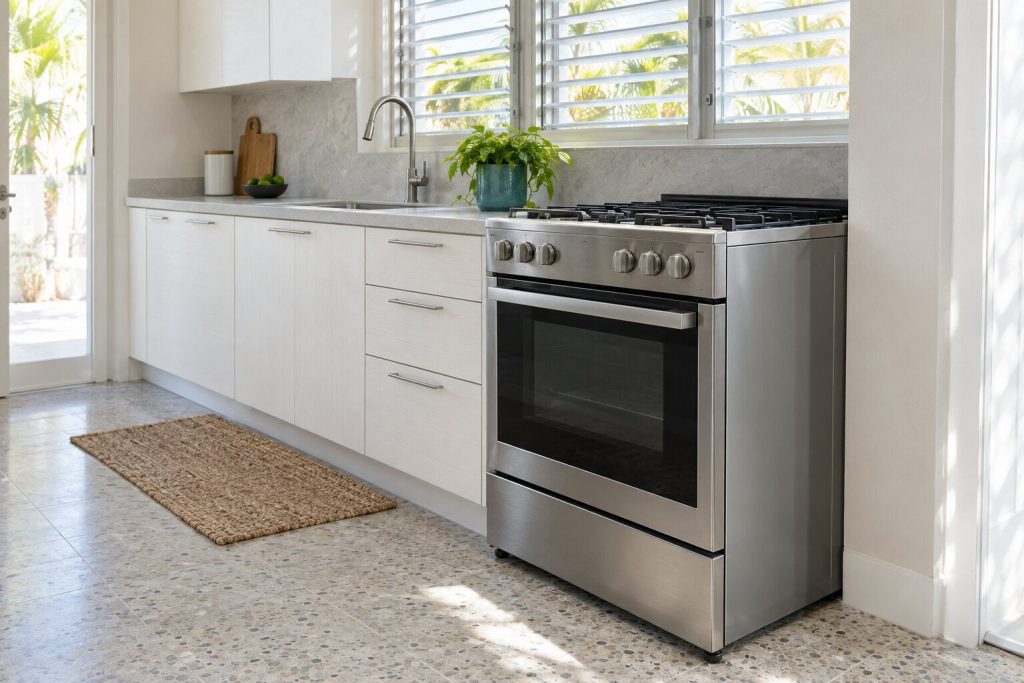 A freestanding cooker standing at the end of a white galley run under a shuttered window in a South Florida home, doors closed.