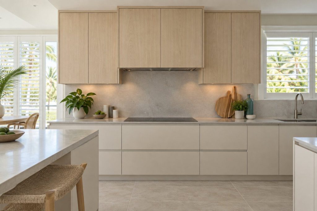A hood standing in a pale oak fitted run in a bright kitchen in a South Florida home, doors closed.