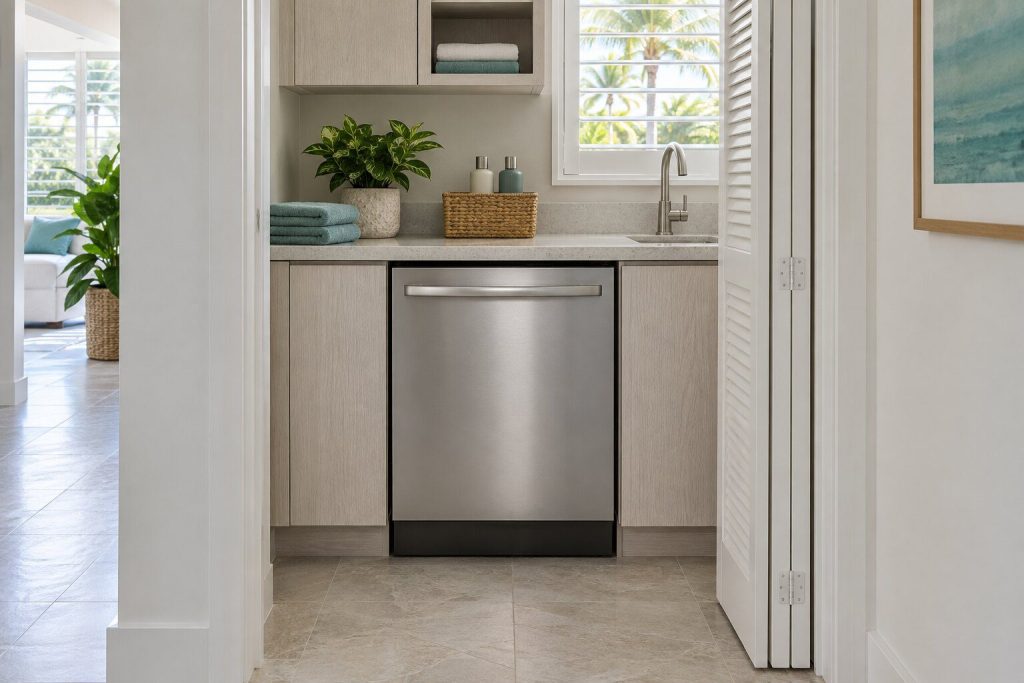A built-in dishwasher standing in a laundry closet with its bifold door folded back in a South Florida home, doors closed.