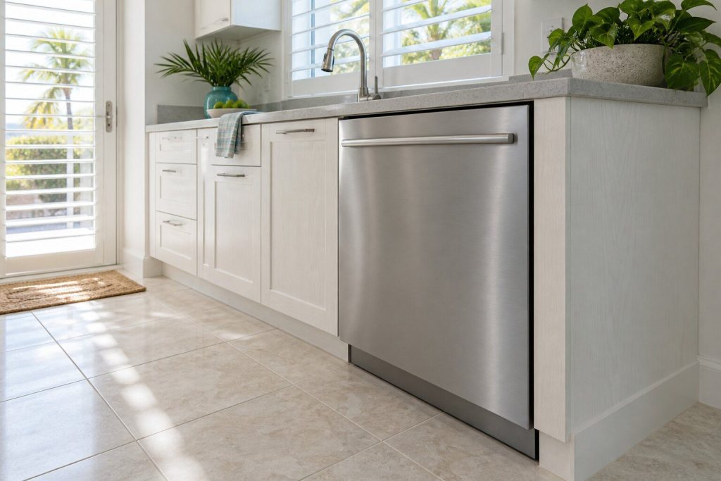 A built-in dishwasher standing at the end of a white galley run under a shuttered window in a South Florida home, doors closed.