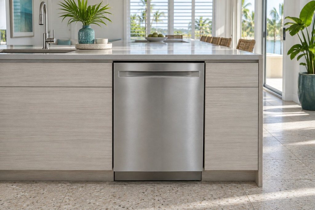 A built-in dishwasher standing in a light gray kitchen island run in a South Florida home, doors closed.