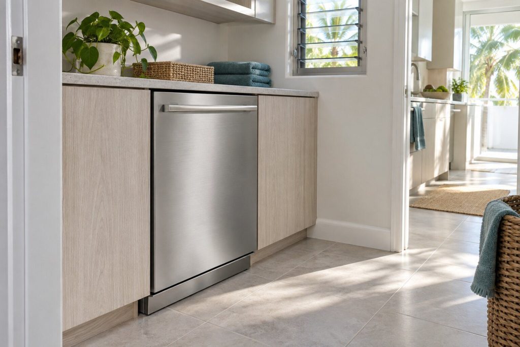 A built-in dishwasher standing in a narrow tiled utility room off a bright kitchen in a South Florida home, doors closed.