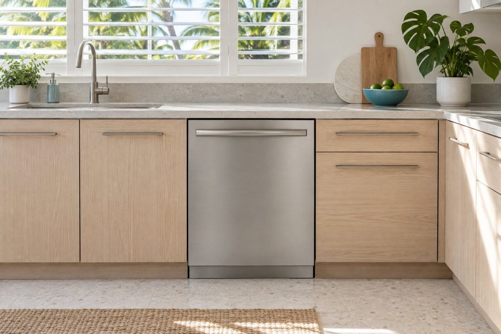 A built-in dishwasher standing in a pale oak fitted run in a bright kitchen in a South Florida home, doors closed.