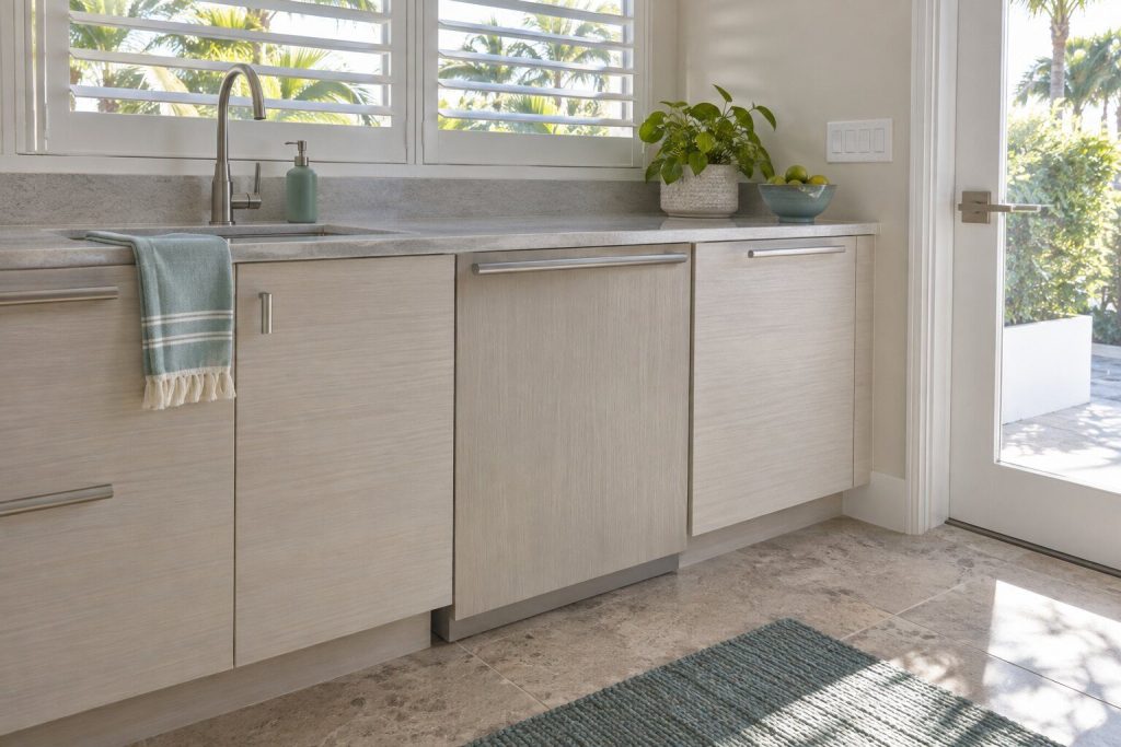 A panel-ready dishwasher standing against a tiled wall in a bright utility room in a South Florida home, doors closed.