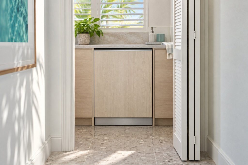 A panel-ready dishwasher standing in a laundry closet with its bifold door folded back in a South Florida home, doors closed.