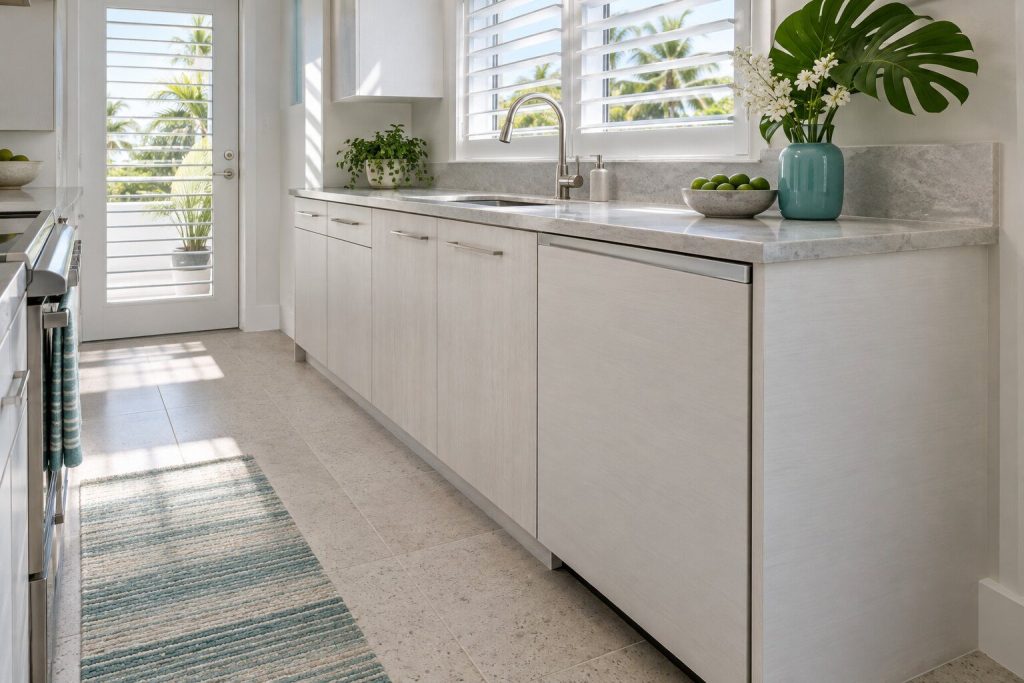 A panel-ready dishwasher standing at the end of a white galley run under a shuttered window in a South Florida home, doors closed.