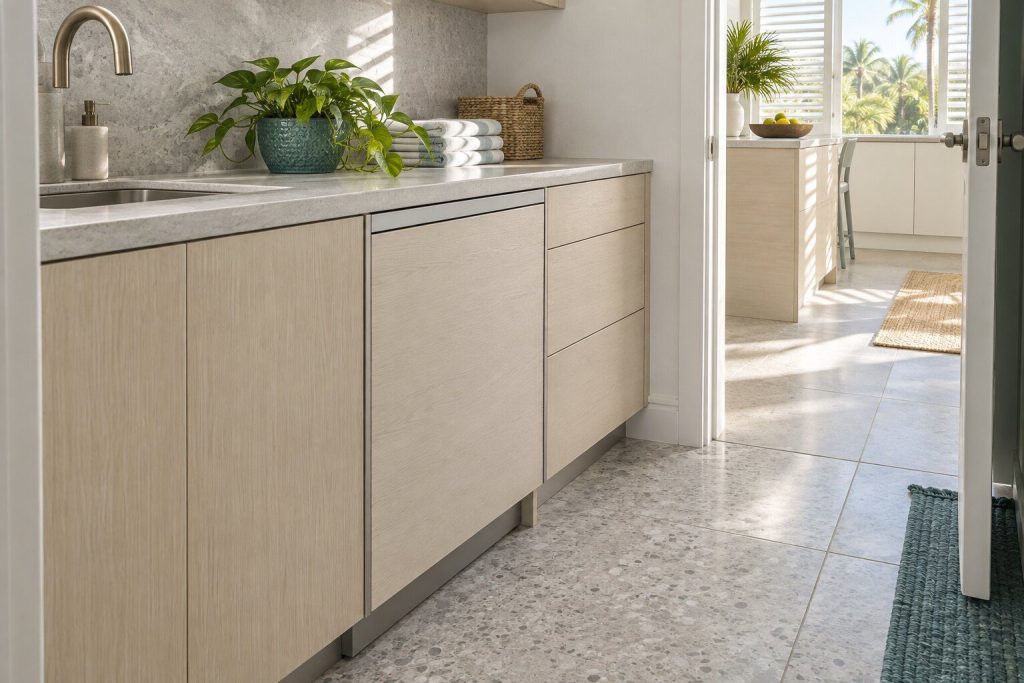A panel-ready dishwasher standing in a narrow tiled utility room off a bright kitchen in a South Florida home, doors closed.