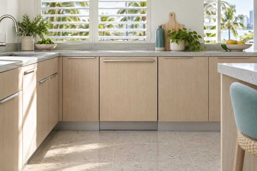 A panel-ready dishwasher standing in a pale oak fitted run in a bright kitchen in a South Florida home, doors closed.