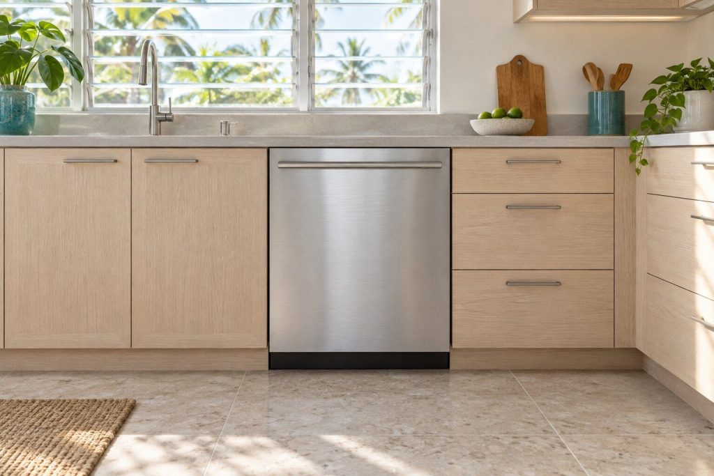 An outdoor dishwasher standing in a pale oak fitted run in a bright kitchen in a South Florida home, doors closed.