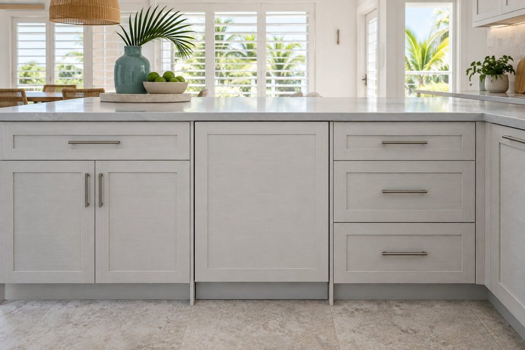 A panel-ready dishwasher standing in a light gray kitchen island run in a South Florida home, doors closed.